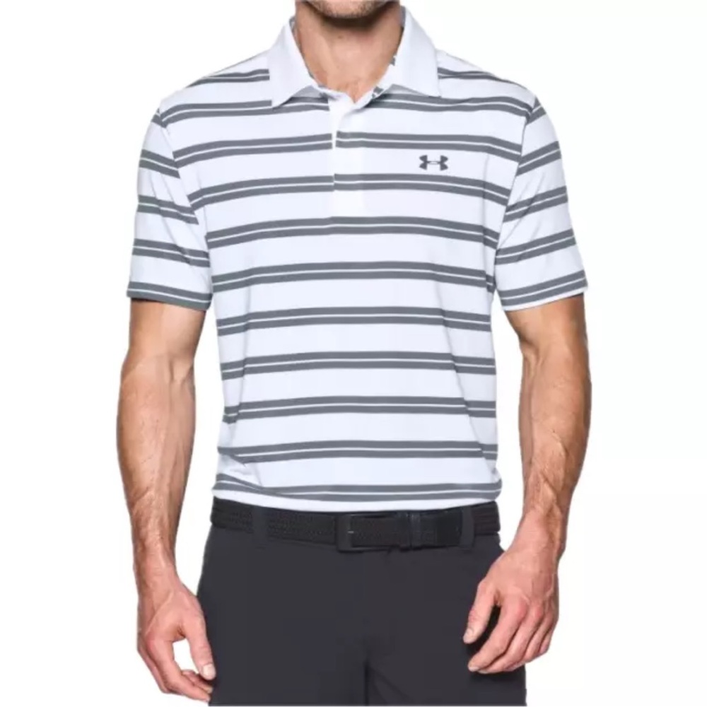 Under Armour Men's Large Golf Polo Heatgear Loose Fit Top Grey White Stripe
